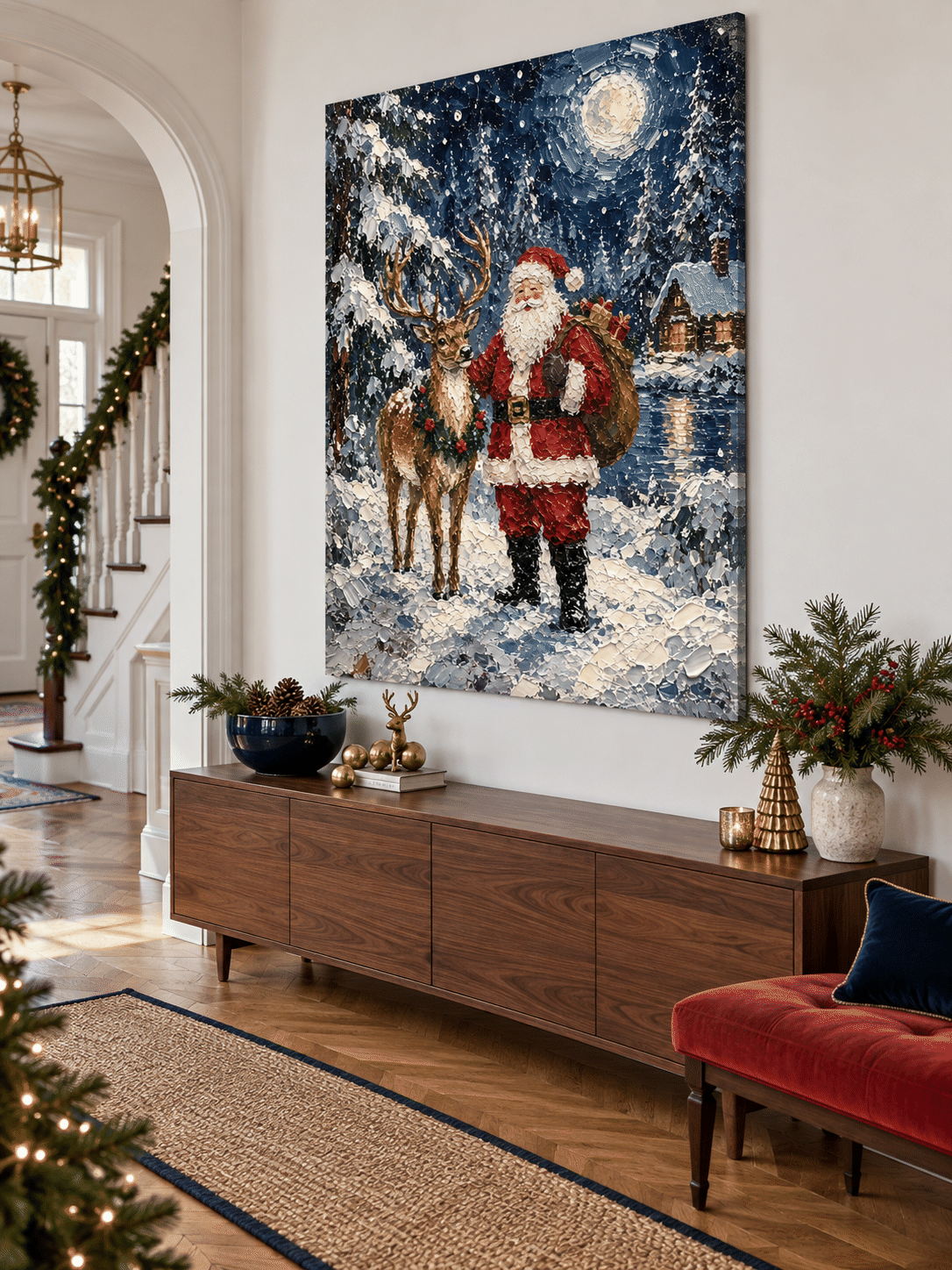 Santa And Reindeer Hand-Painted Canvas Art With Snowy Night Scene
