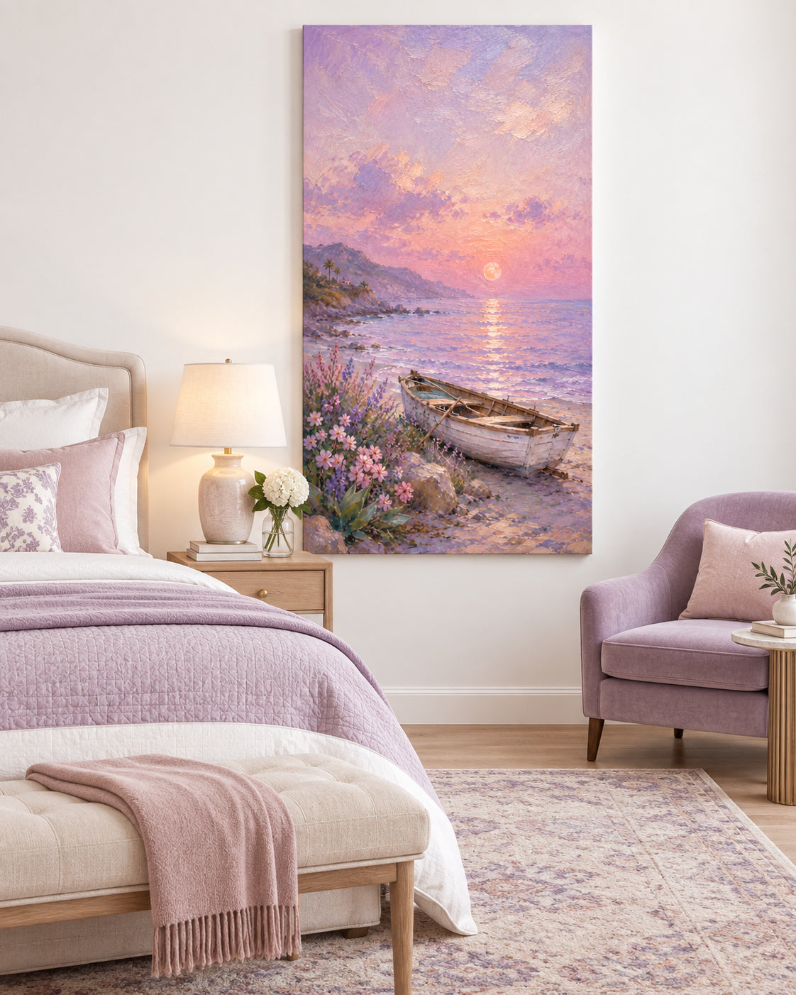 Hand-Painted Sunset Boat Seascape Canvas Art In Pink And Purple