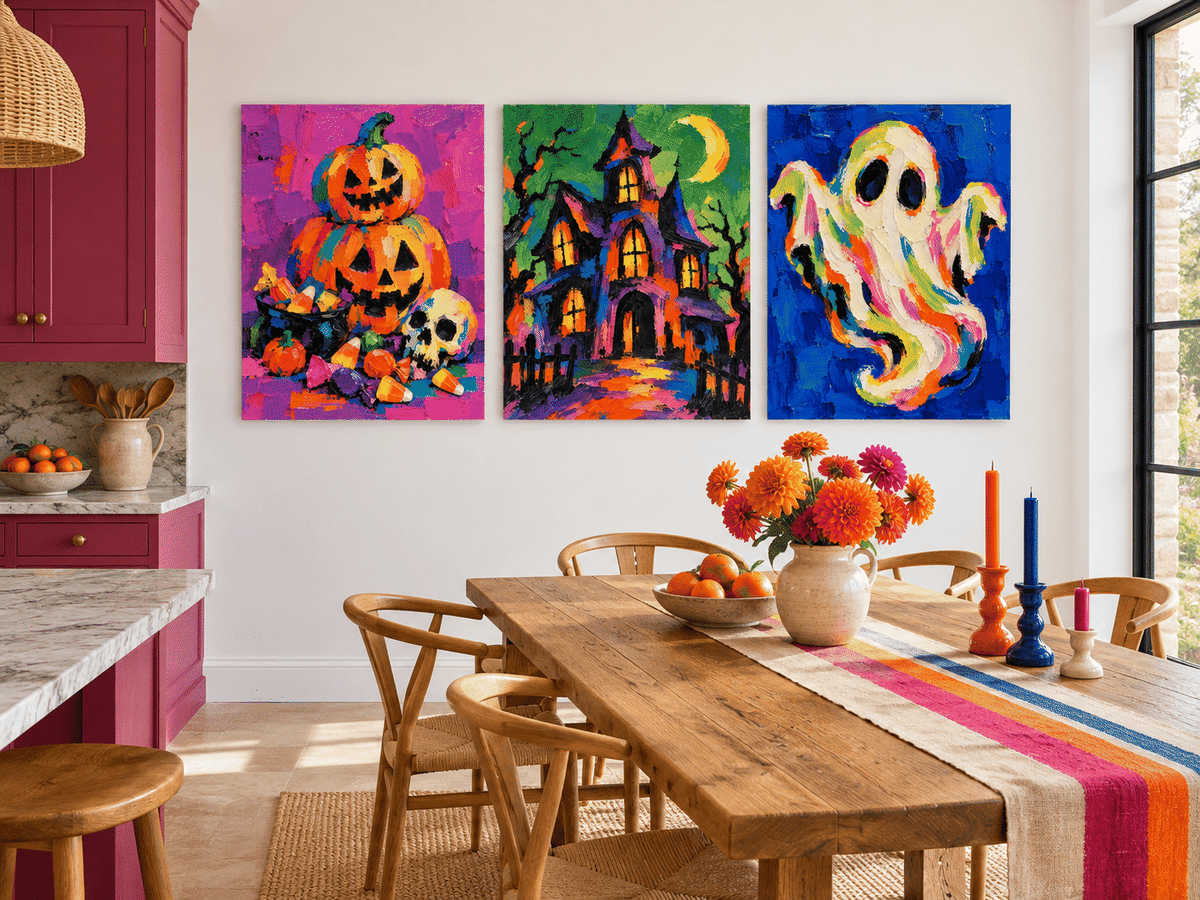 3P Hand-Painted Halloween Pumpkin Ghost Haunted House Canvas Art Set