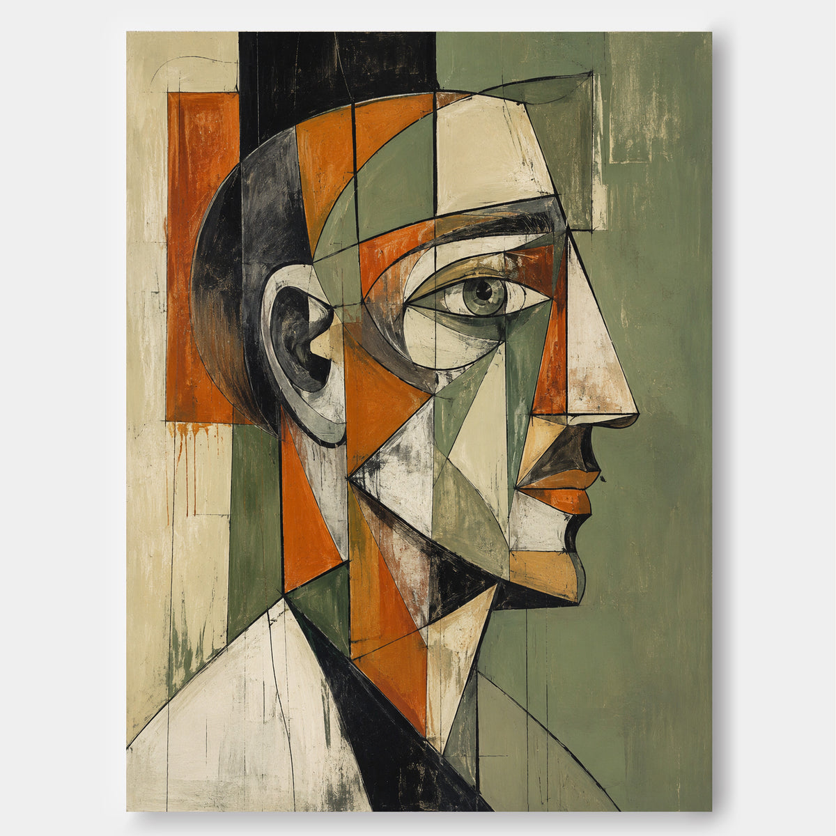 Picasso Style Cubism Artwork Textured Oil Painting Green And Orange Tones