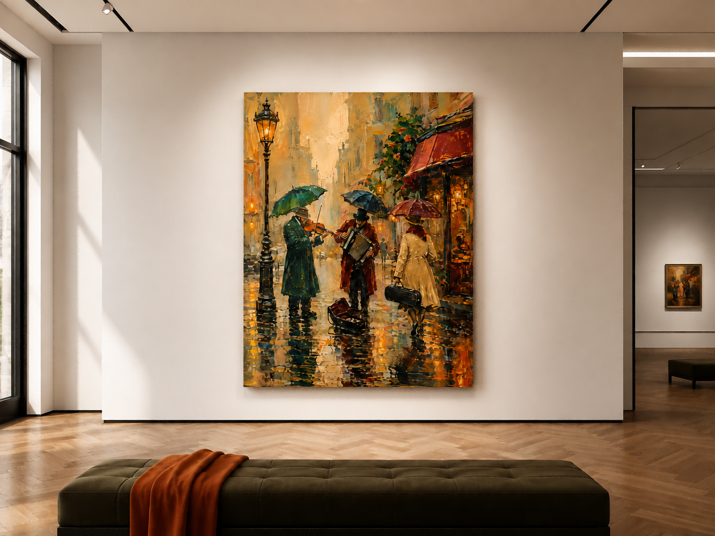 Rainy Street Musicians Oil Painting Vintage City Life Wall Art Decor For Living Room