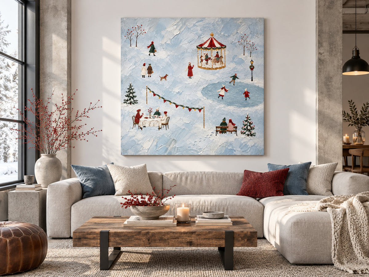Vintage Christmas Carousel And Ice Skating Scene Hand-Painted Canvas Art In Icy Blue