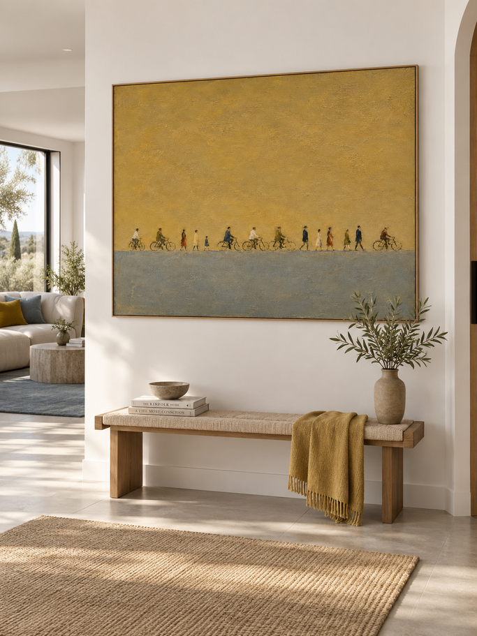 Vintage People Procession Hand-Painted Canvas Art In Gold And Grey Tones