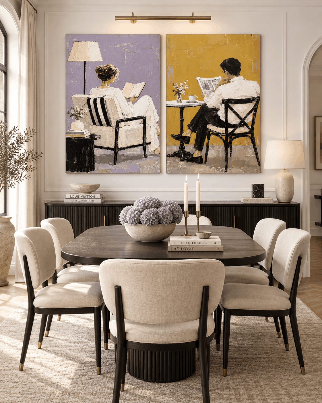 Hand-Painted Couple Reading Diptych Modern Wall Art Purple Yellow