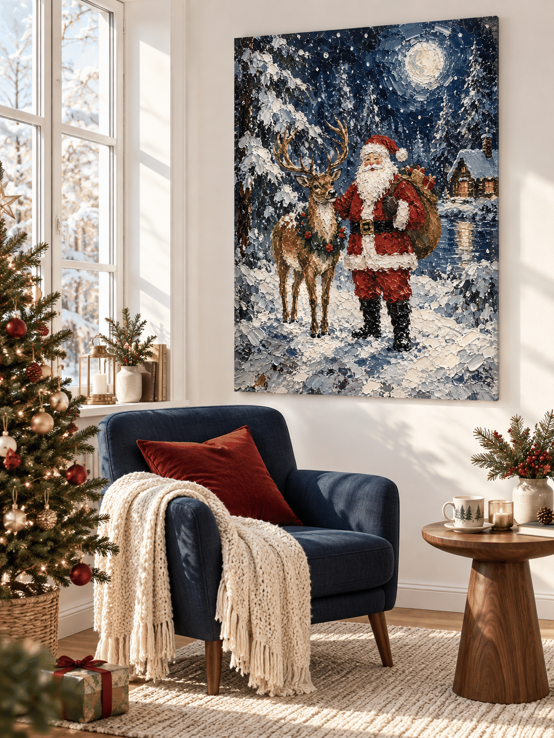 Santa And Reindeer Hand-Painted Canvas Art With Snowy Night Scene