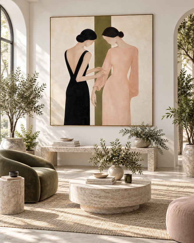 Minimalist Geometric Painting Two Women In Black And Pink Dresses Hand-Painted Modern Canvas Art