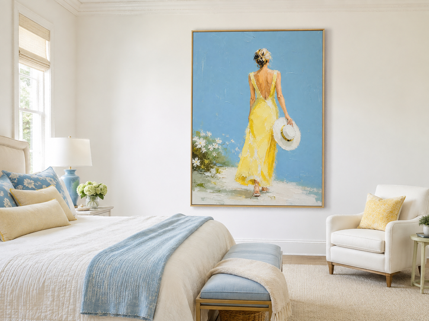 Minimalist Impasto Oil Painting Of Lady Back View With Hat And Flowers Modern Wall Art For Bedroom Or Lounge