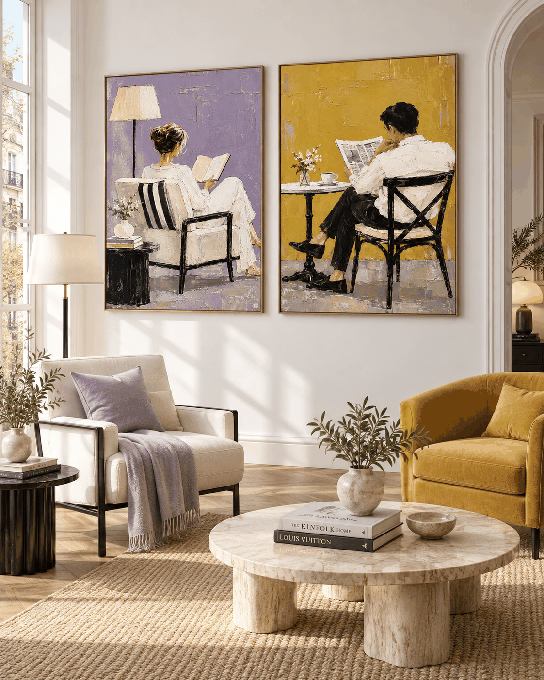 Hand-Painted Couple Reading Diptych Modern Wall Art Purple Yellow
