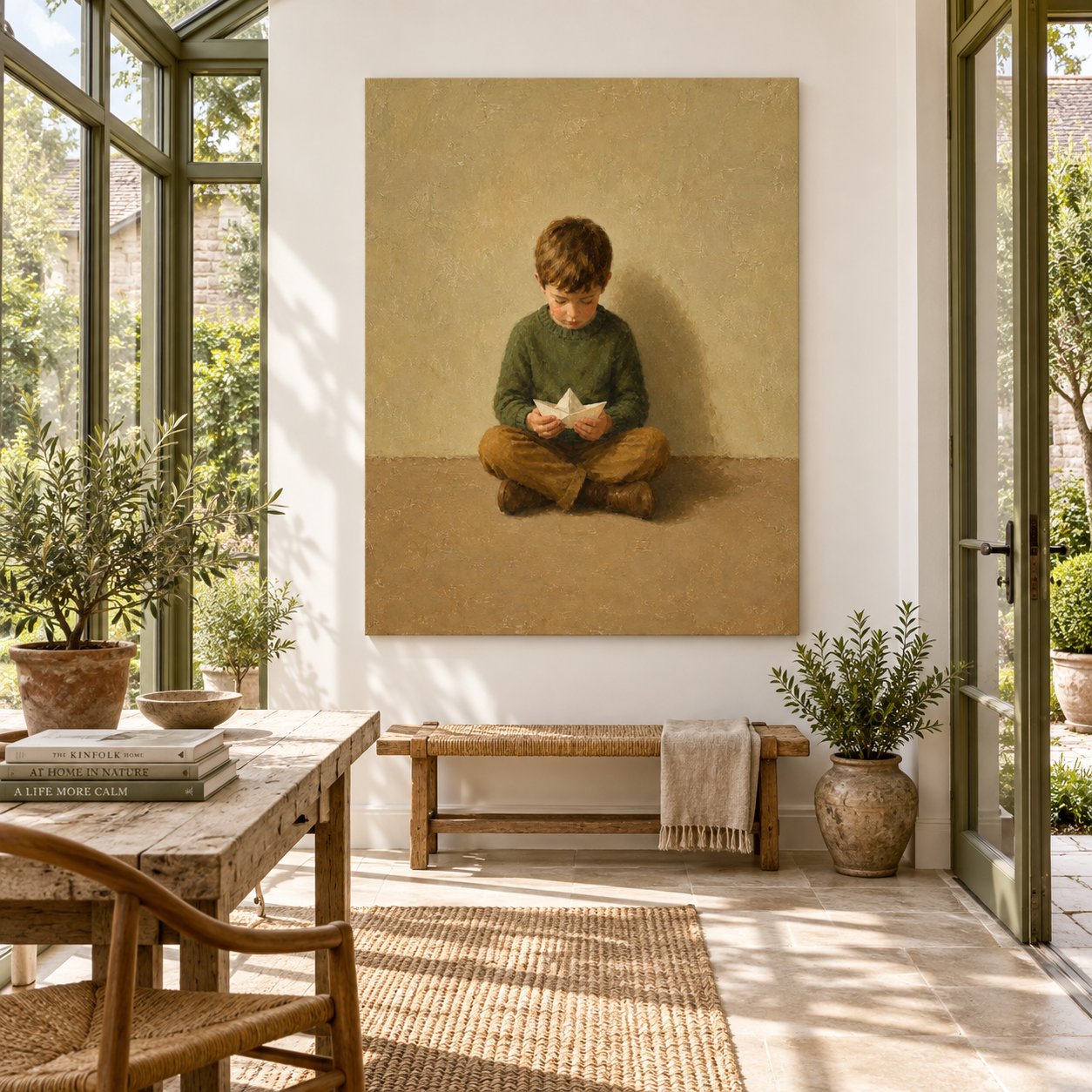 Boy With Paper Boat Hand-Painted Canvas Art In Green And Beige Tones