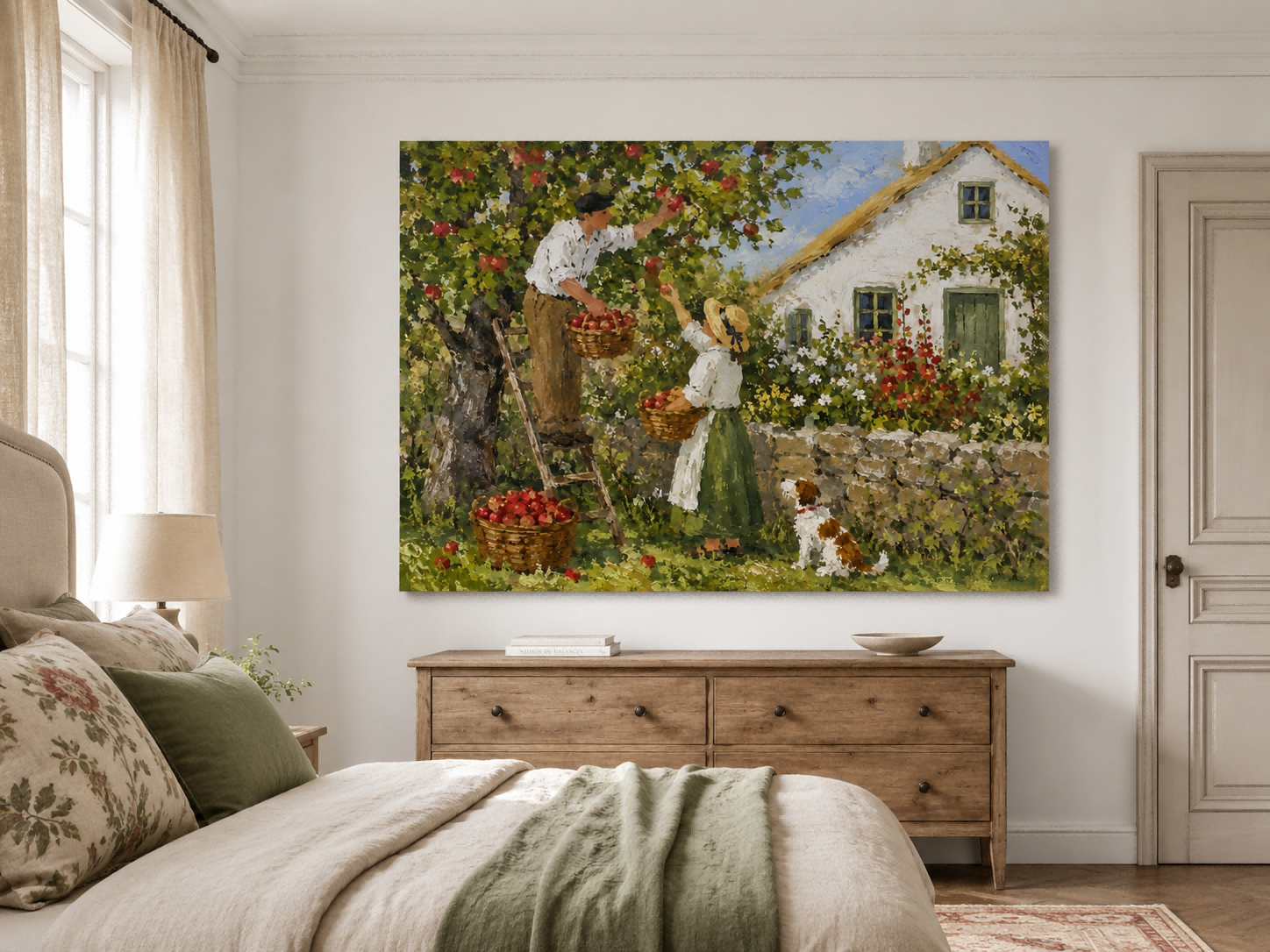 Pastoral Oil Painting Style Canvas Art Of Apple Orchard Harvest With Stone Wall And Flower Garden