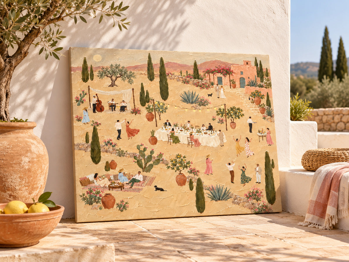 Outdoor Wedding Party Painting With Band And Guests In Tuscan Garden