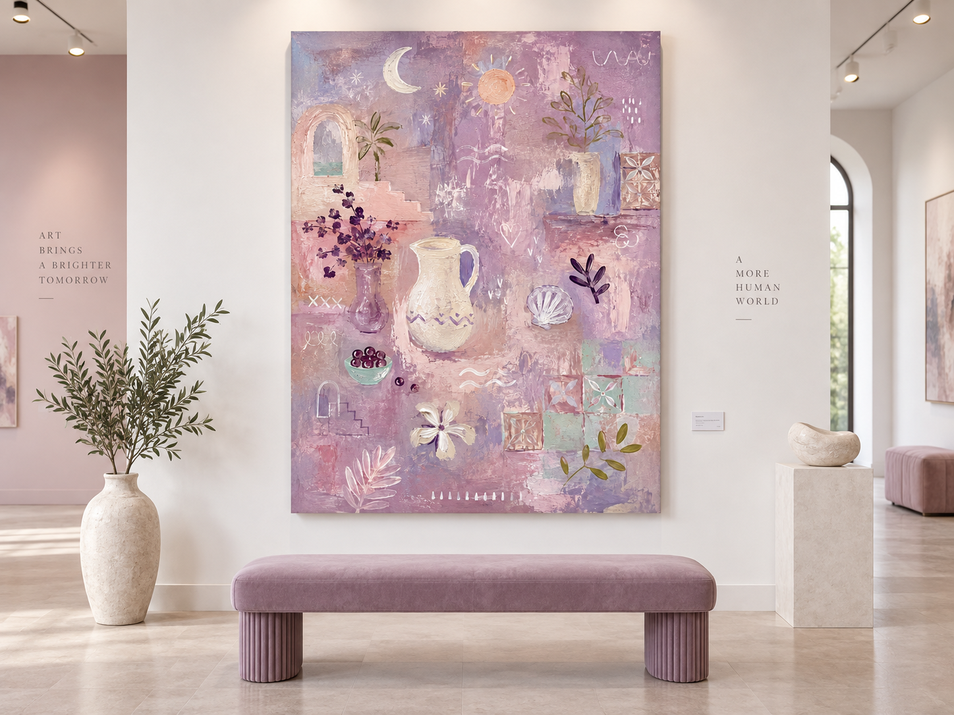 Romantic Vintage Geometric Abstract Painting In Soft Morandi Purple Tones