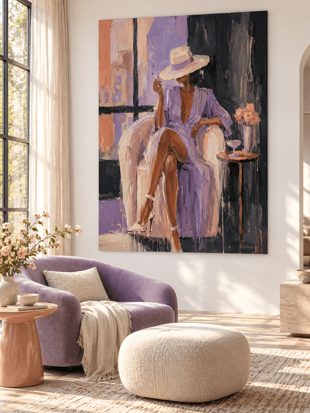 Modern Textured Art With Vintage Fashion Figure In Purple