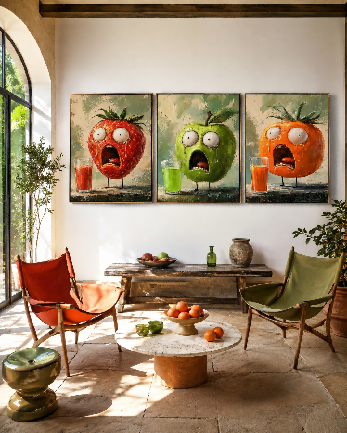 3P Original Oil Painting Of Anthropomorphic Fruits With Expressive Textured Finish