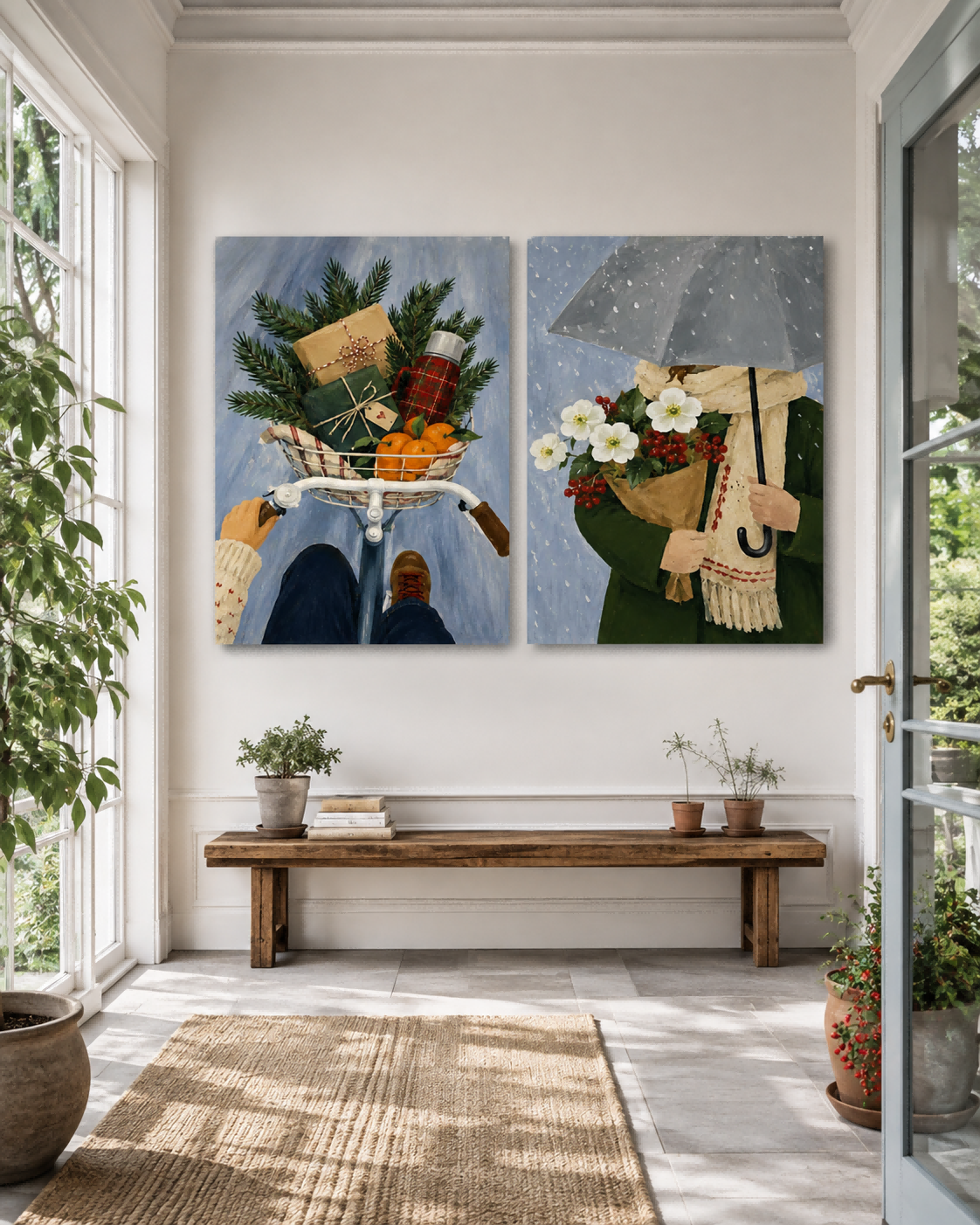 Hand-Painted Winter Scene Diptych With Bicycle And Flowers Canvas Art