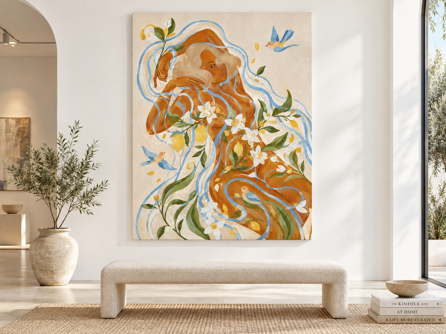 Hand-Painted Woman With Lemon Flowers And Birds Canvas Art