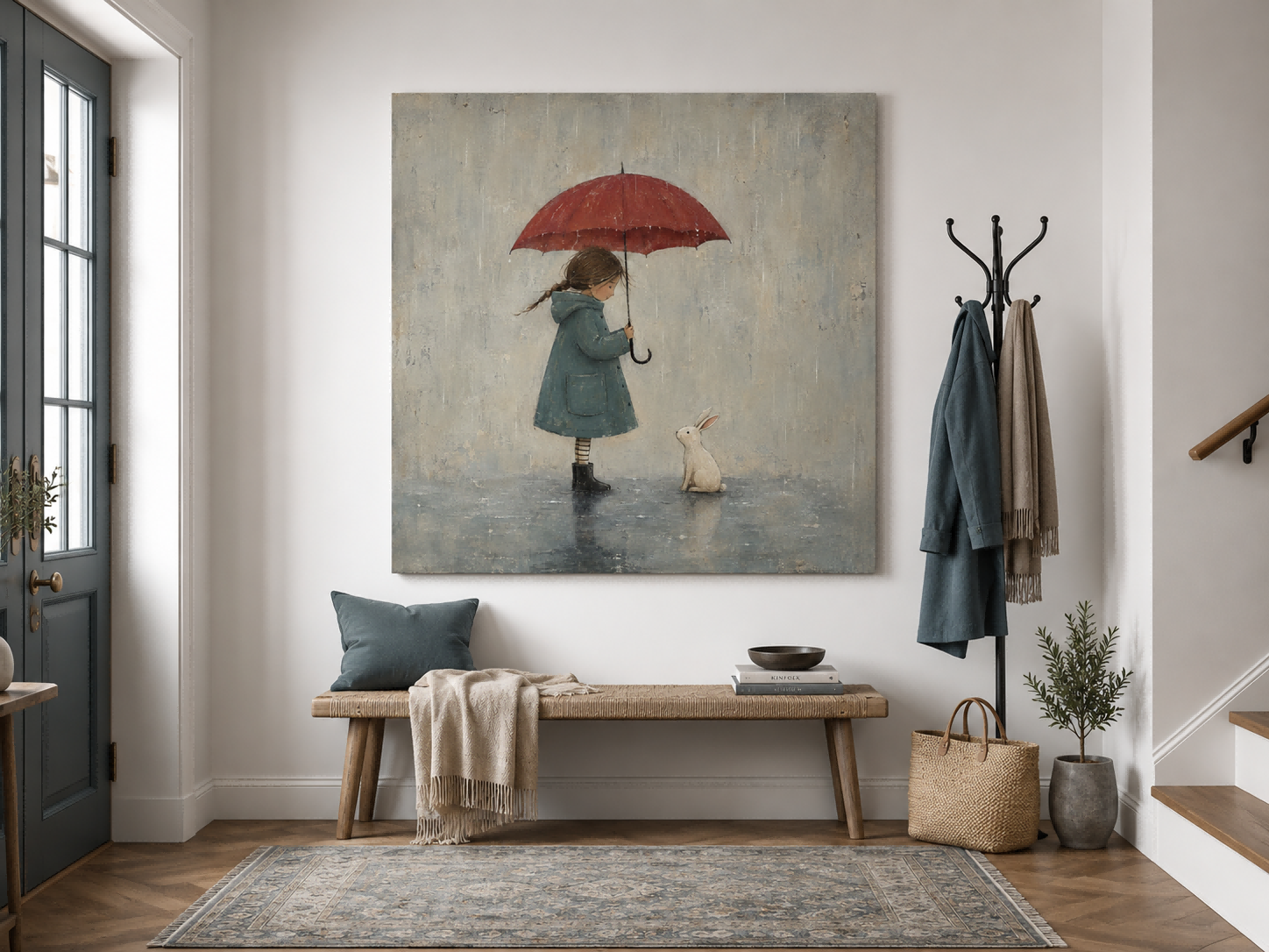 Original Hand Painted Girl And Bunny In Rain Square Artwork For Modern Interior Design