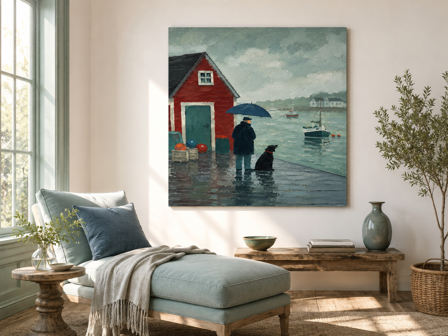 Textured Impressionist Seascape With Red Cabin And Boat Original Canvas