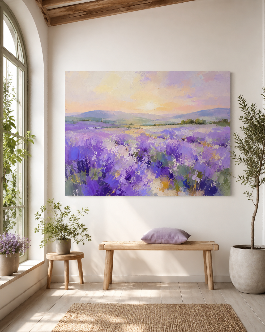 Hand-Painted Lavender Field Landscape Canvas Art With Sunset Mountains
