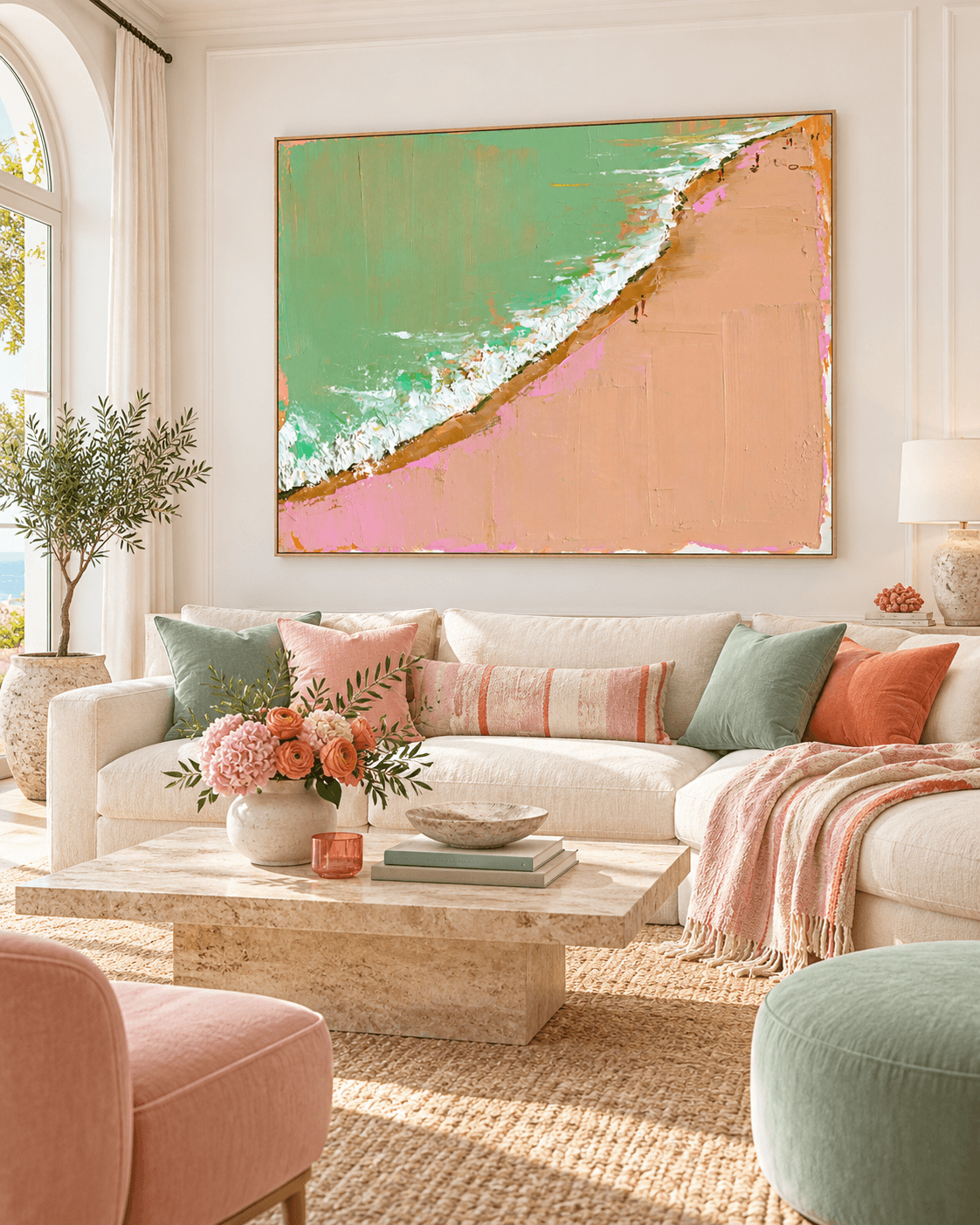 Minimalist Textured Abstract Art In Green And Beige Tones