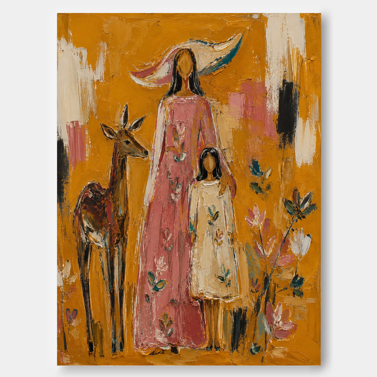 Abstract Pastoral Canvas Painting With Textured Ochre And Pink Tones Mother And Child With Deer Canvas Art