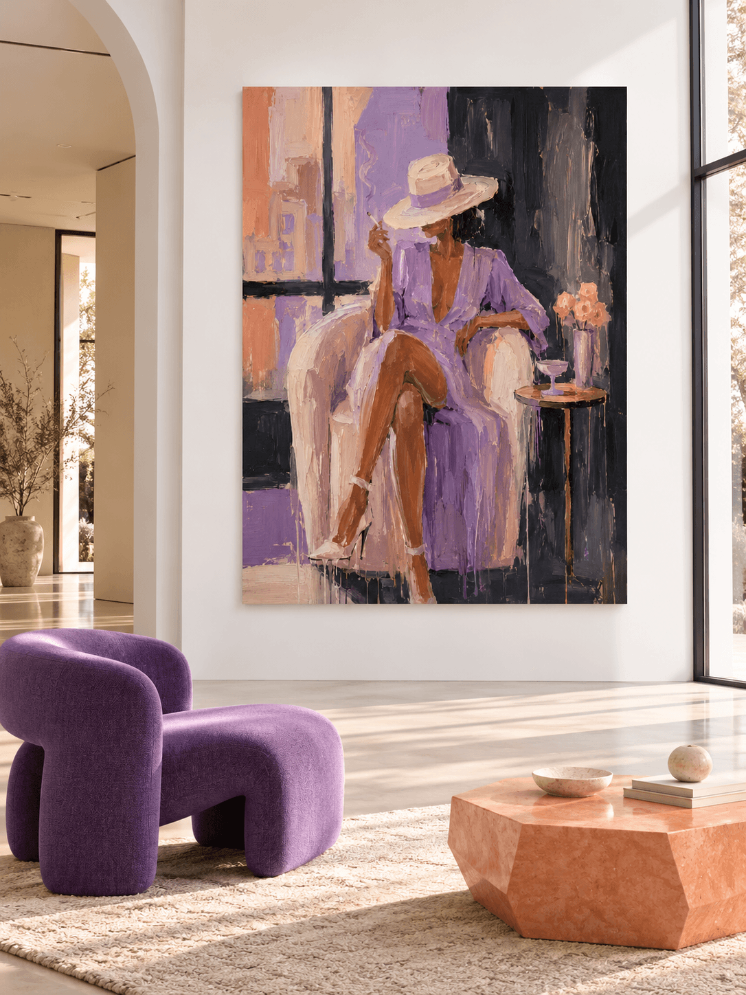 Modern Textured Art With Vintage Fashion Figure In Purple