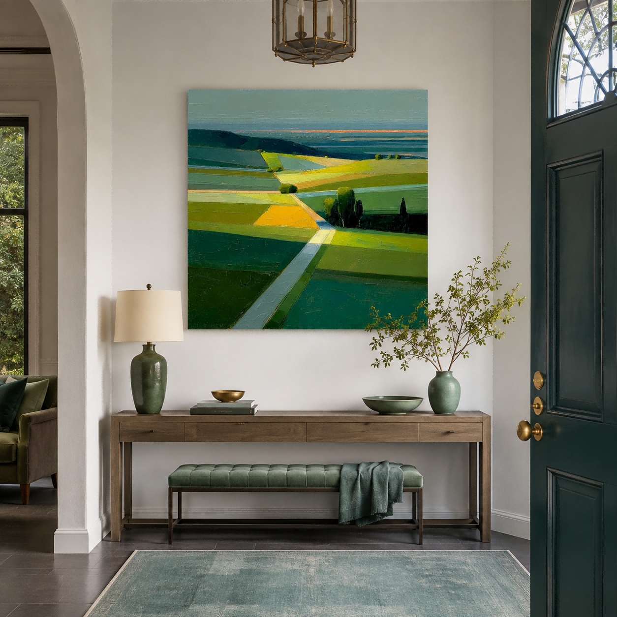 Modern Abstract Landscape Oil Painting With Textured Green And Orange Fields For Contemporary Home Decor