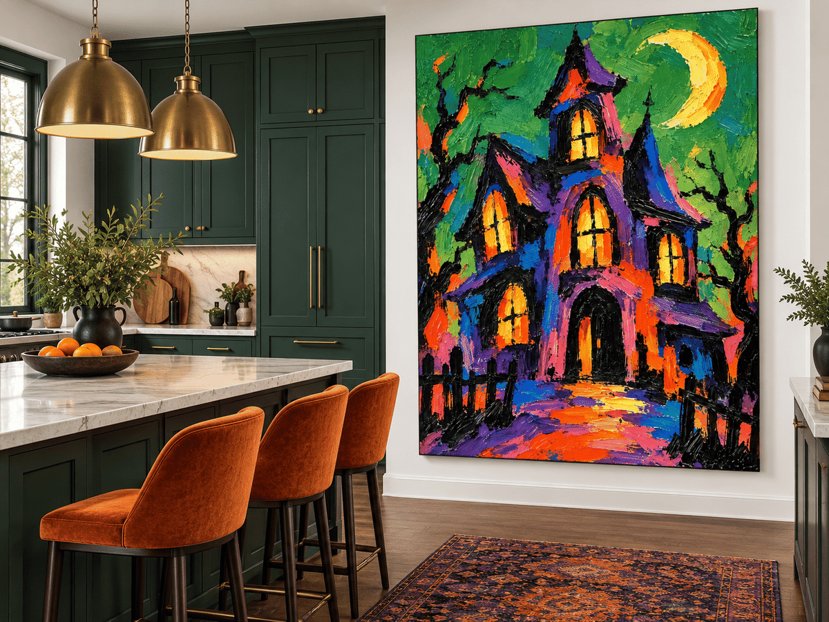 Haunted Manor Painting With Moon Hand-Painted Canvas Art In Purple And Orange Modern Halloween Wall Art
