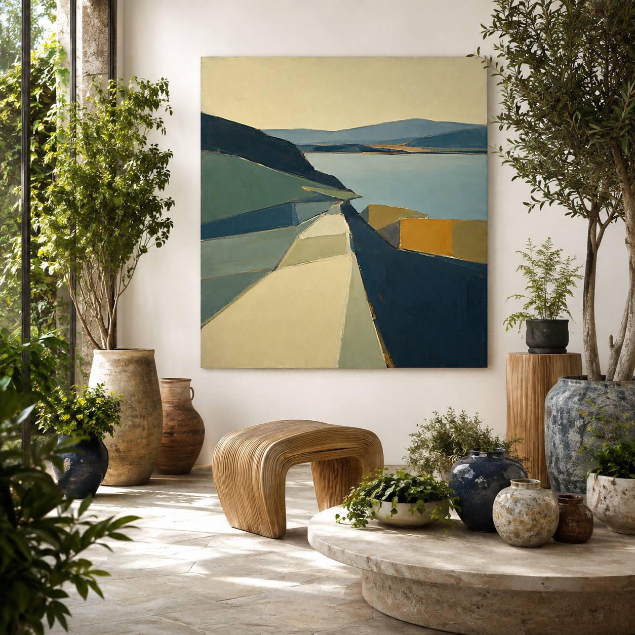 Modern Abstract Landscape Painting With Geometric Forms For Living Room Decor
