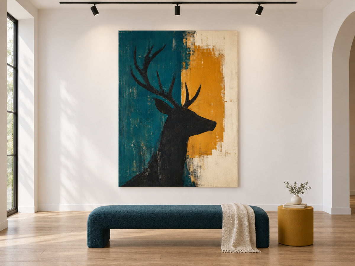 Hand-Painted Black Stag Silhouette Canvas Art With Teal And Amber