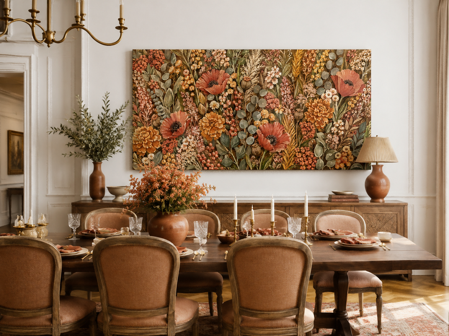 Vintage Floral Canvas Art With Poppies And Marigolds In Warm Earth Tones