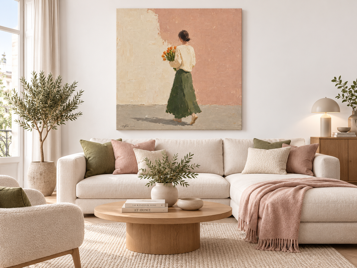 Woman With Orange Tulips Hand-Painted Canvas Art In Beige And Pink