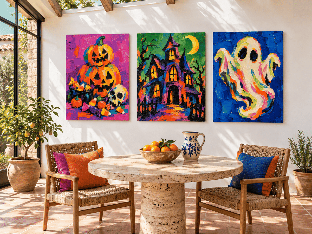 3P Hand-Painted Halloween Pumpkin Ghost Haunted House Canvas Art Set
