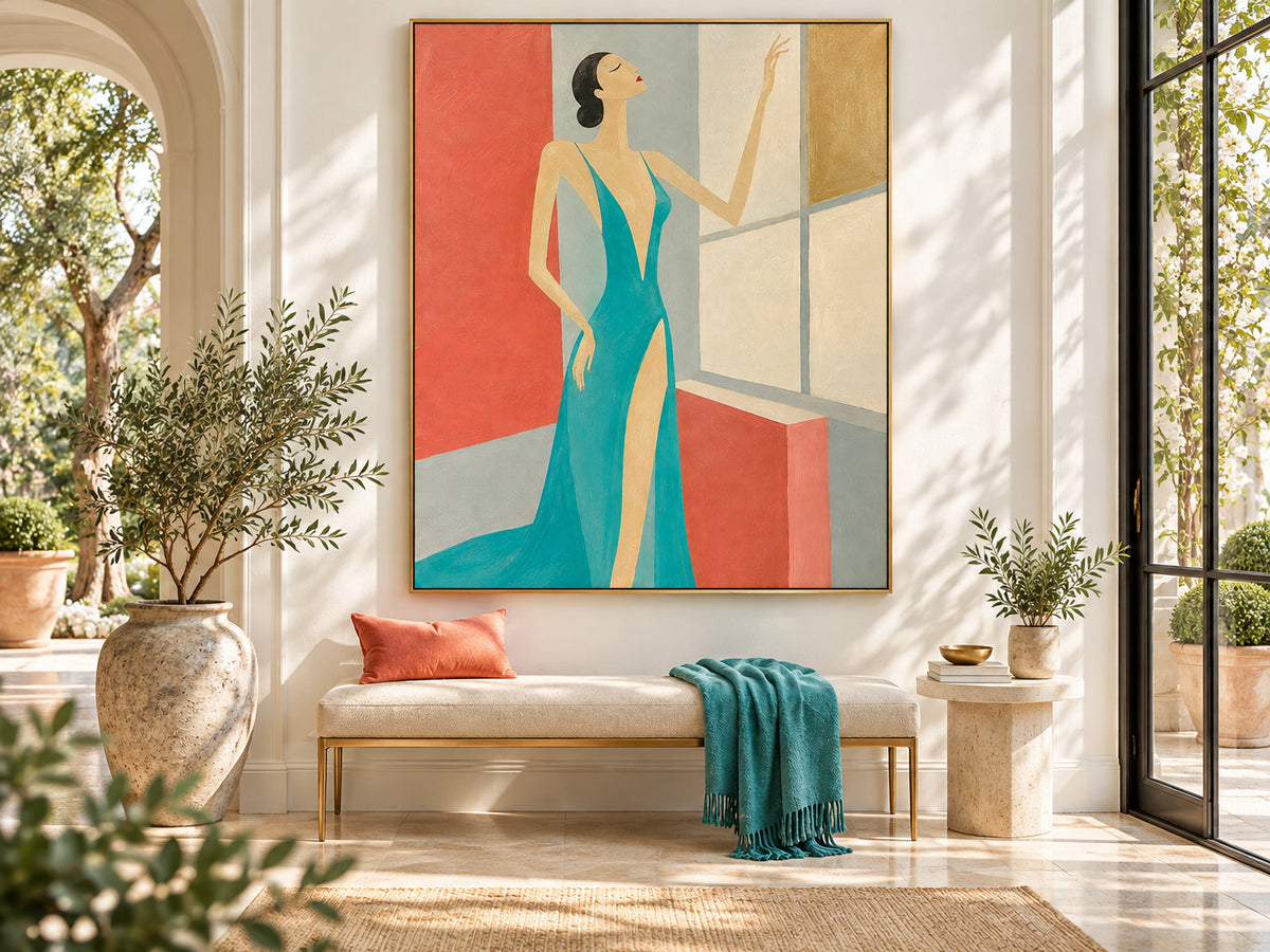 Elegant Woman In Blue Gown Modern Hand-Painted Canvas Art For Fashion Lovers