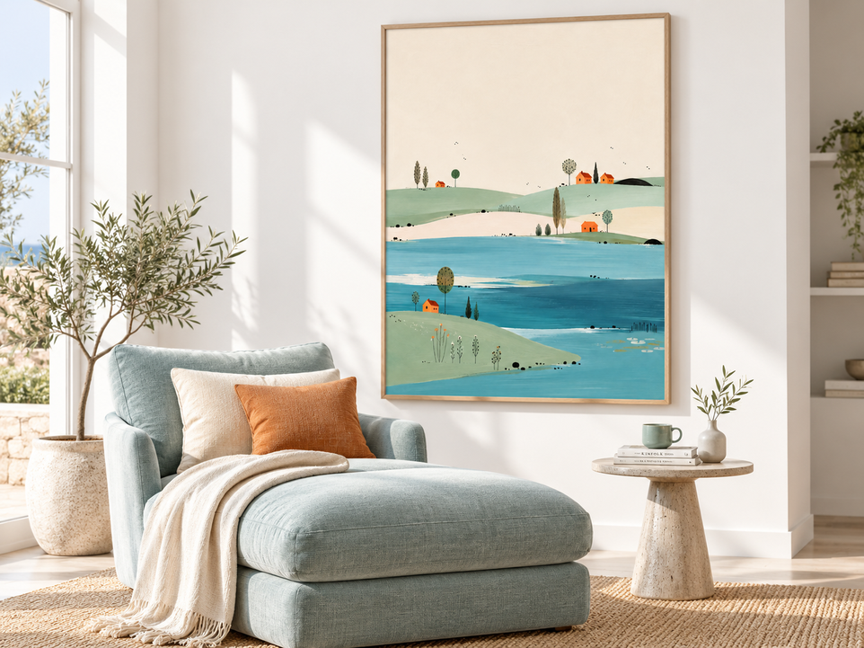 Minimalist Lake House Landscape Canvas Painting Hand-Painted Original Art