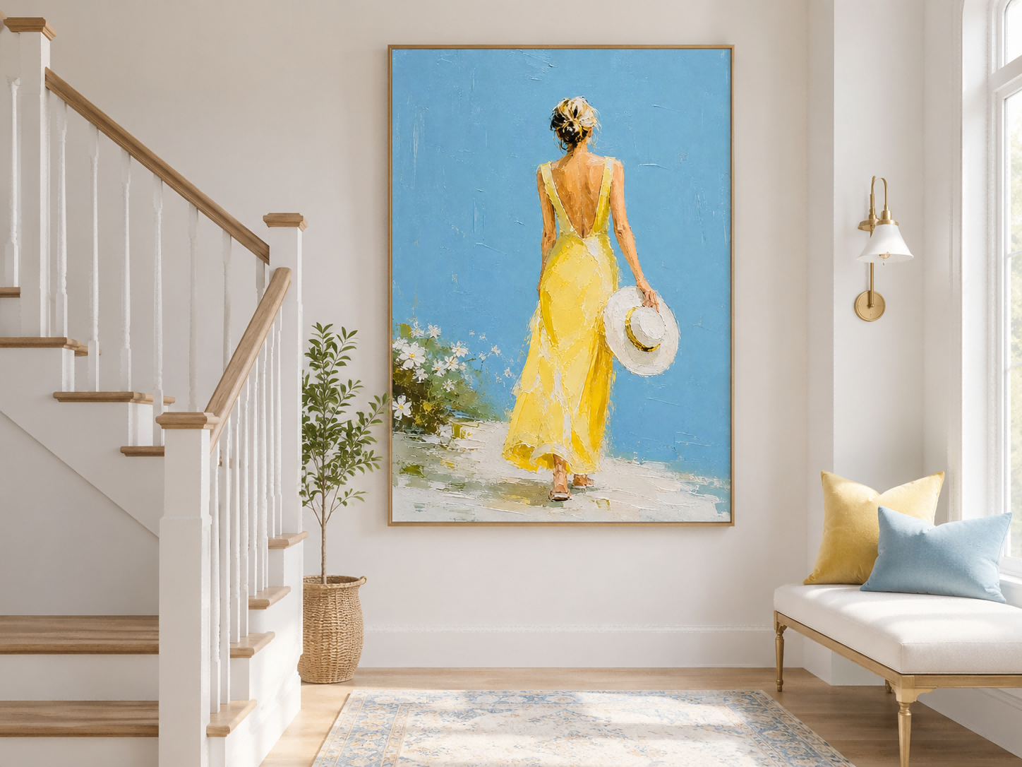 Minimalist Impasto Oil Painting Of Lady Back View With Hat And Flowers Modern Wall Art For Bedroom Or Lounge
