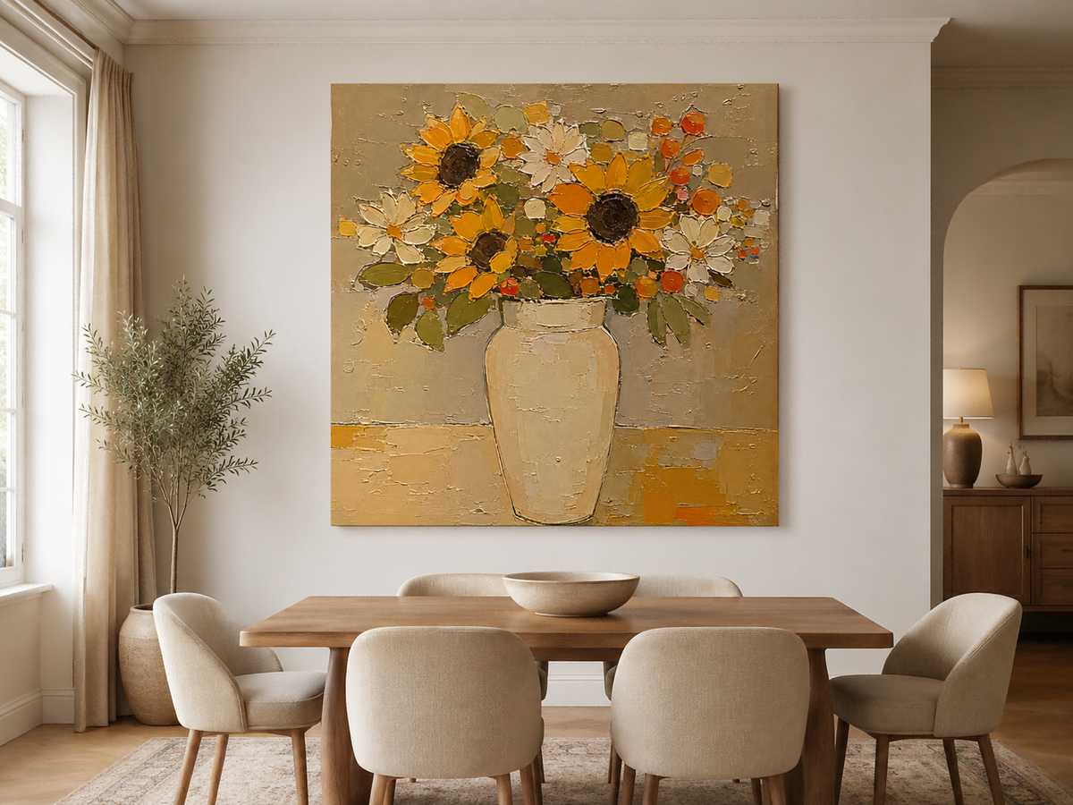 Hand-Painted Sunflower And Daisy Floral Canvas Art In Gold Beige Tones