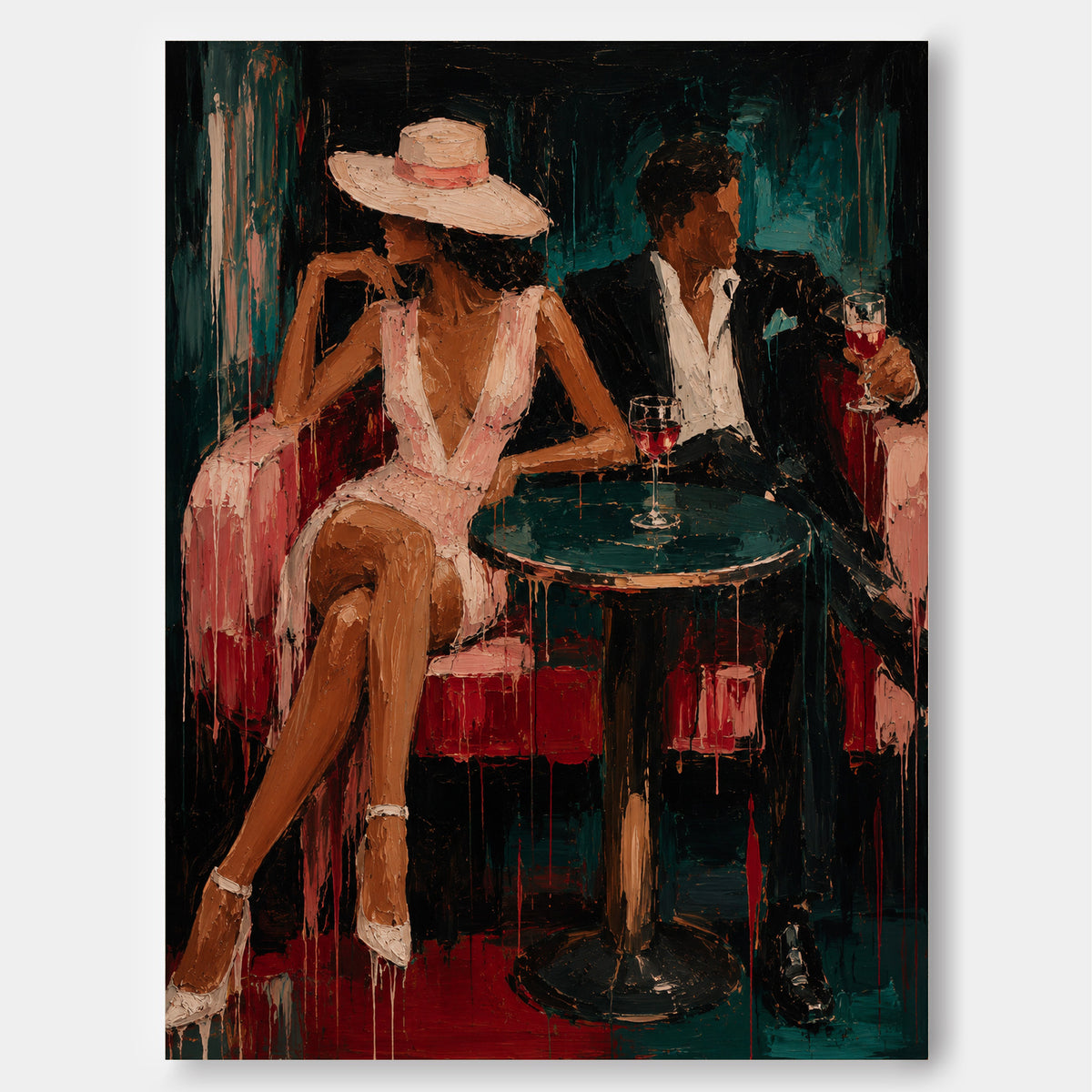 Modern Textured Oil Painting Of Elegant Man And Woman In Retro Style