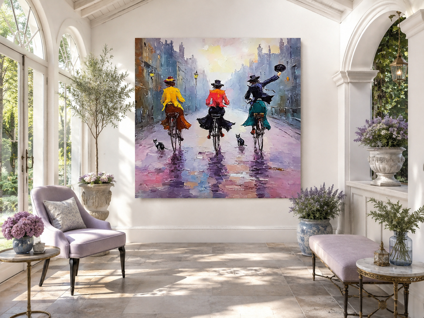 Impressionist Oil Painting Of Women Cycling In Rainy City Street With Cats