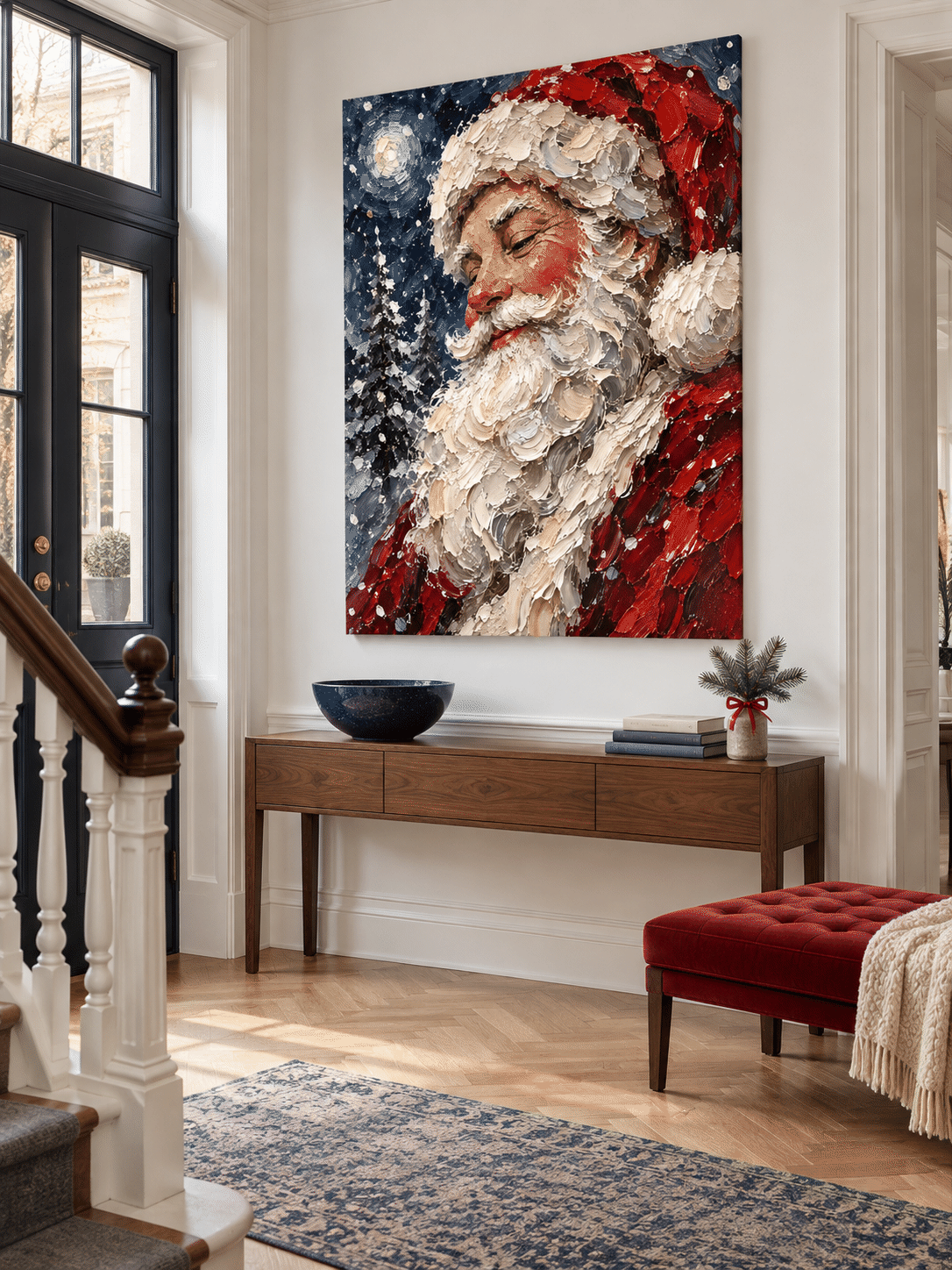 Modern Impressionist Holiday Painting With Serene Santa And Moonlit Sky Design