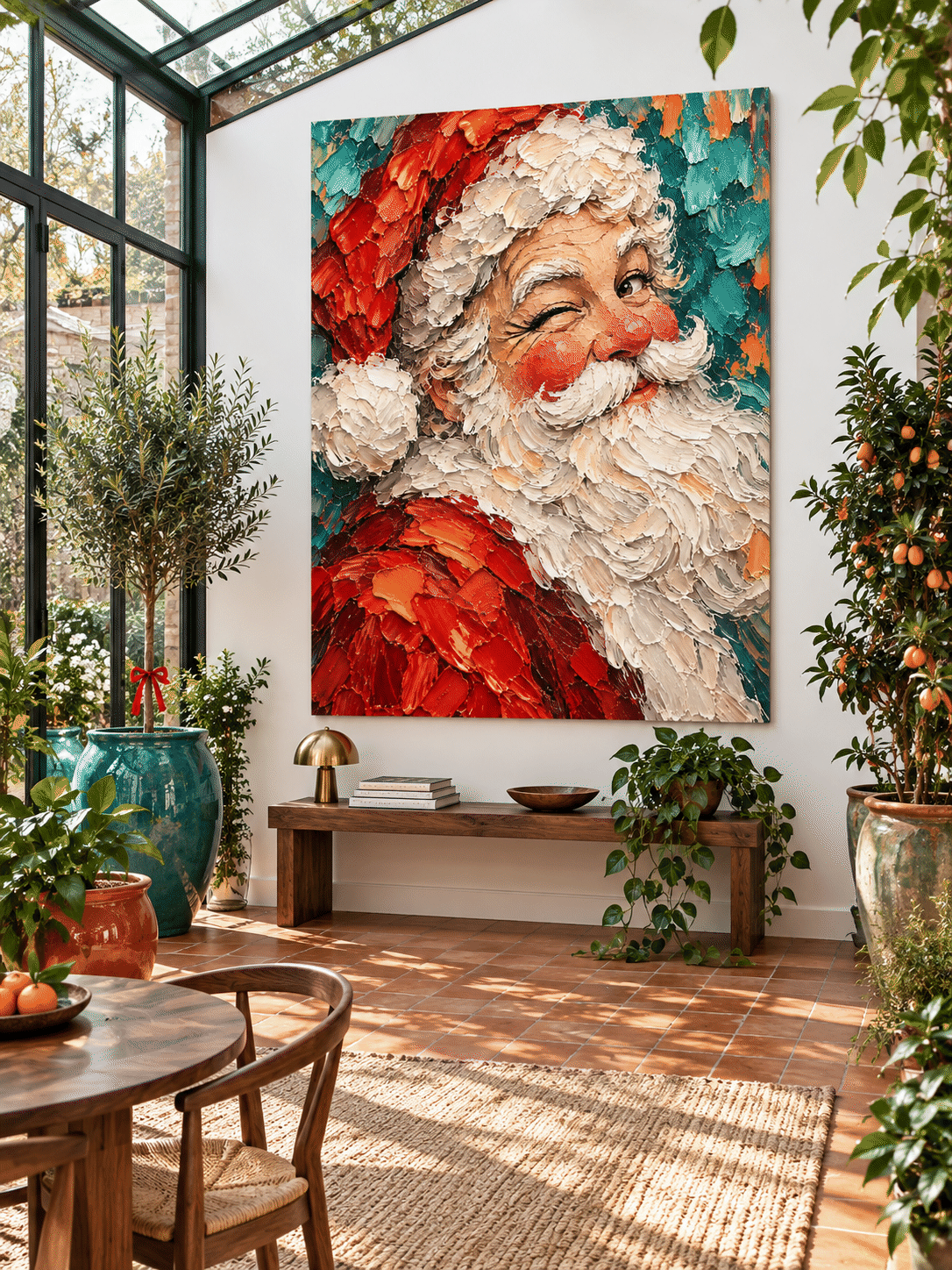Hand-Painted Winking Santa Portrait Canvas Art With Red And Teal Colors