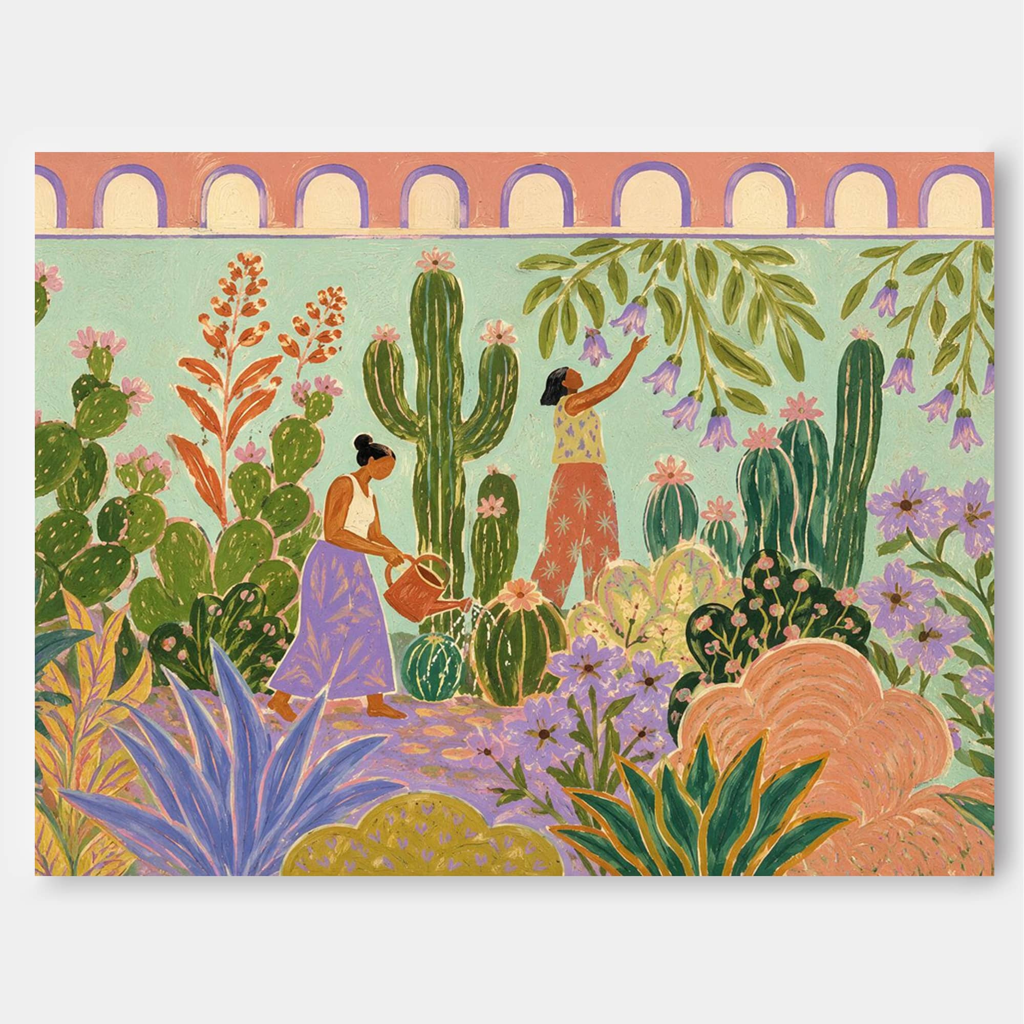 Fantasy Garden With Women Watering Cacti Hand-Painted Canvas Art Colorful Botanical Wall Art For Living Room And Sunroom Decor