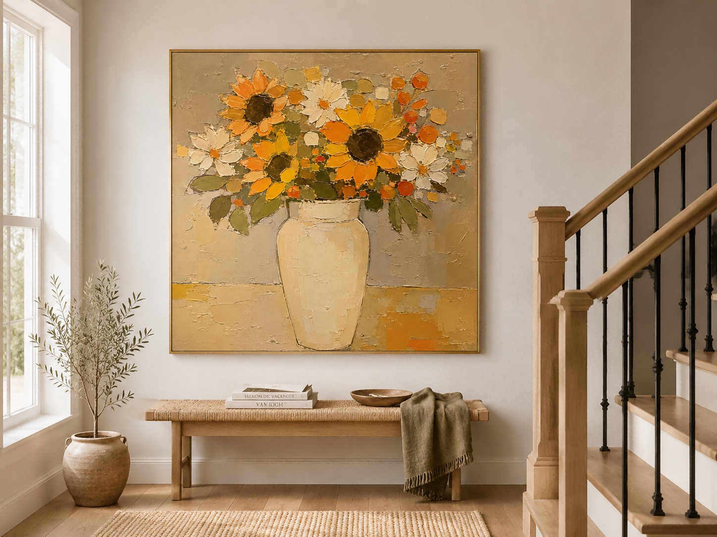 Hand-Painted Sunflower And Daisy Floral Canvas Art In Gold Beige Tones