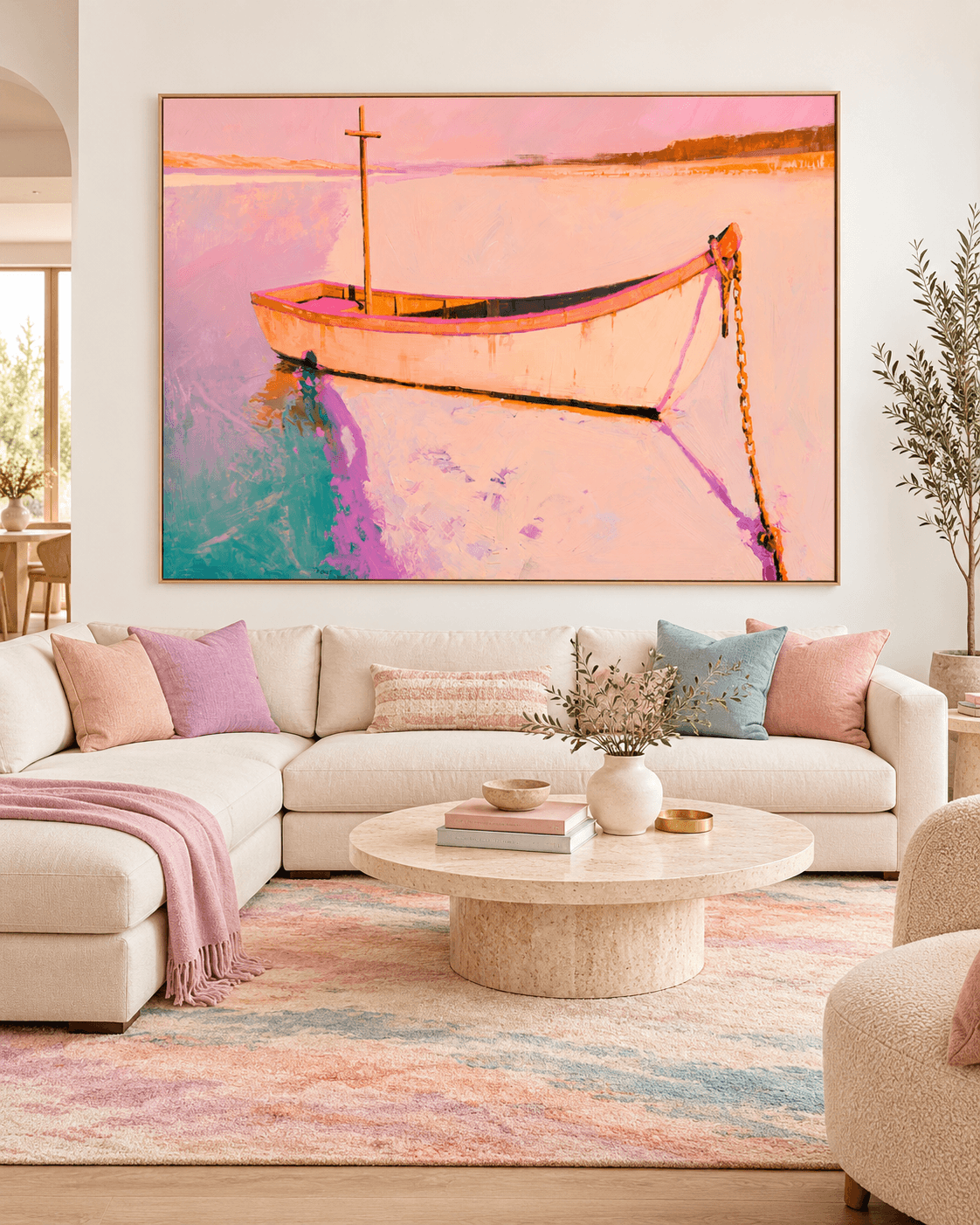 Hand-Painted Boat On Water Canvas Art With Pink Sunset