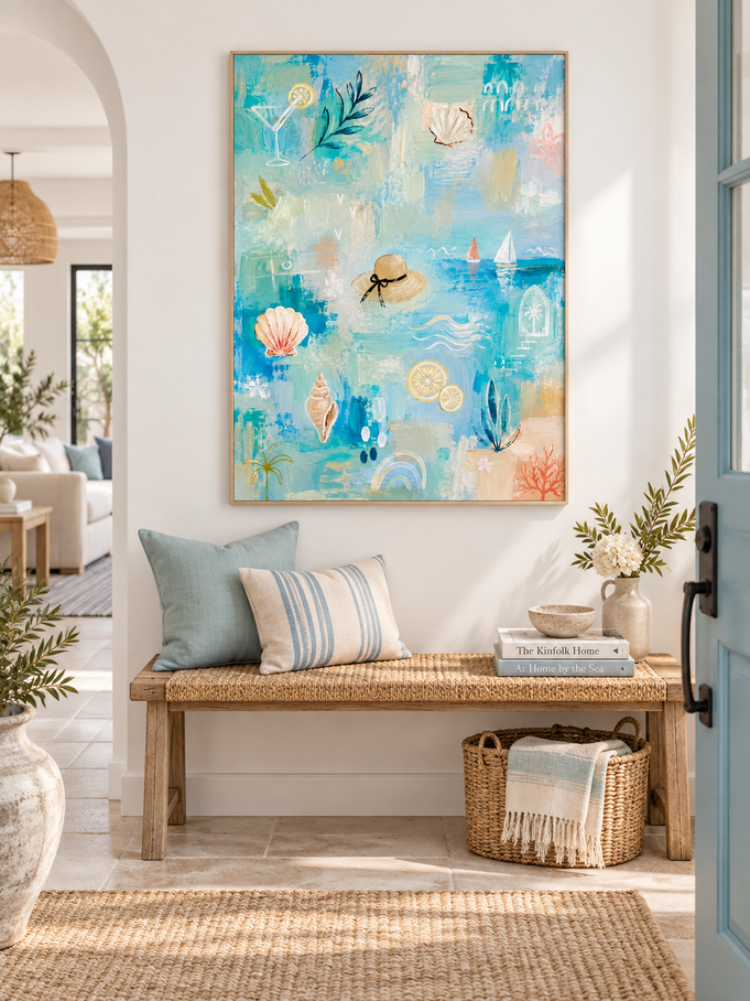 Seaside Abstract Canvas Painting With Shells And Sailboats For Beach Decor