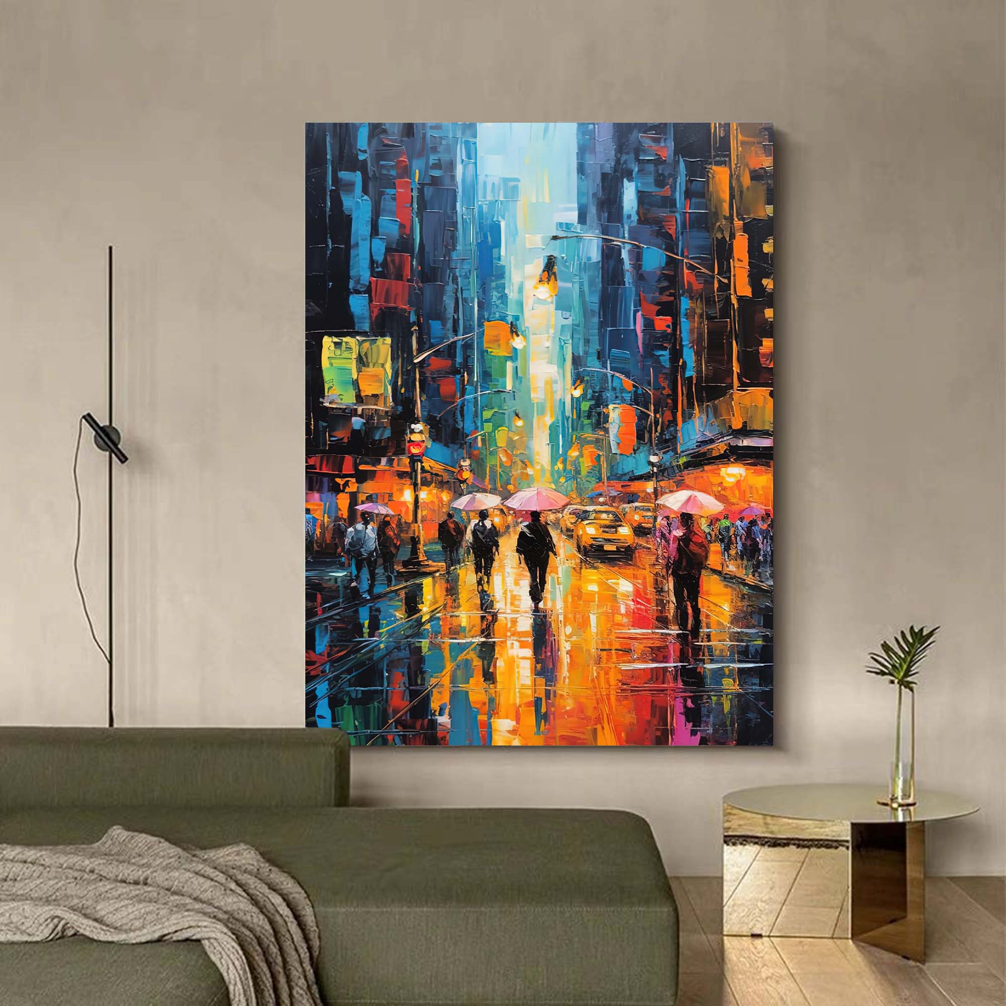 Original Urban Rain Scene oil Painting On Canvas Modern Wall Art Abstract Cityscape Painting Living room Wall Decor
