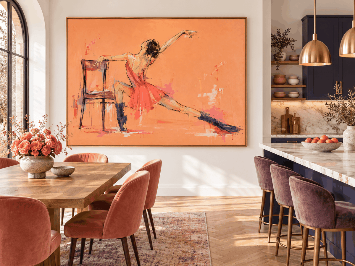 Vintage Modern Textured Art Hand-Painted Abstract Figure In Peach And Black Abstract Dancer Canvas Painting