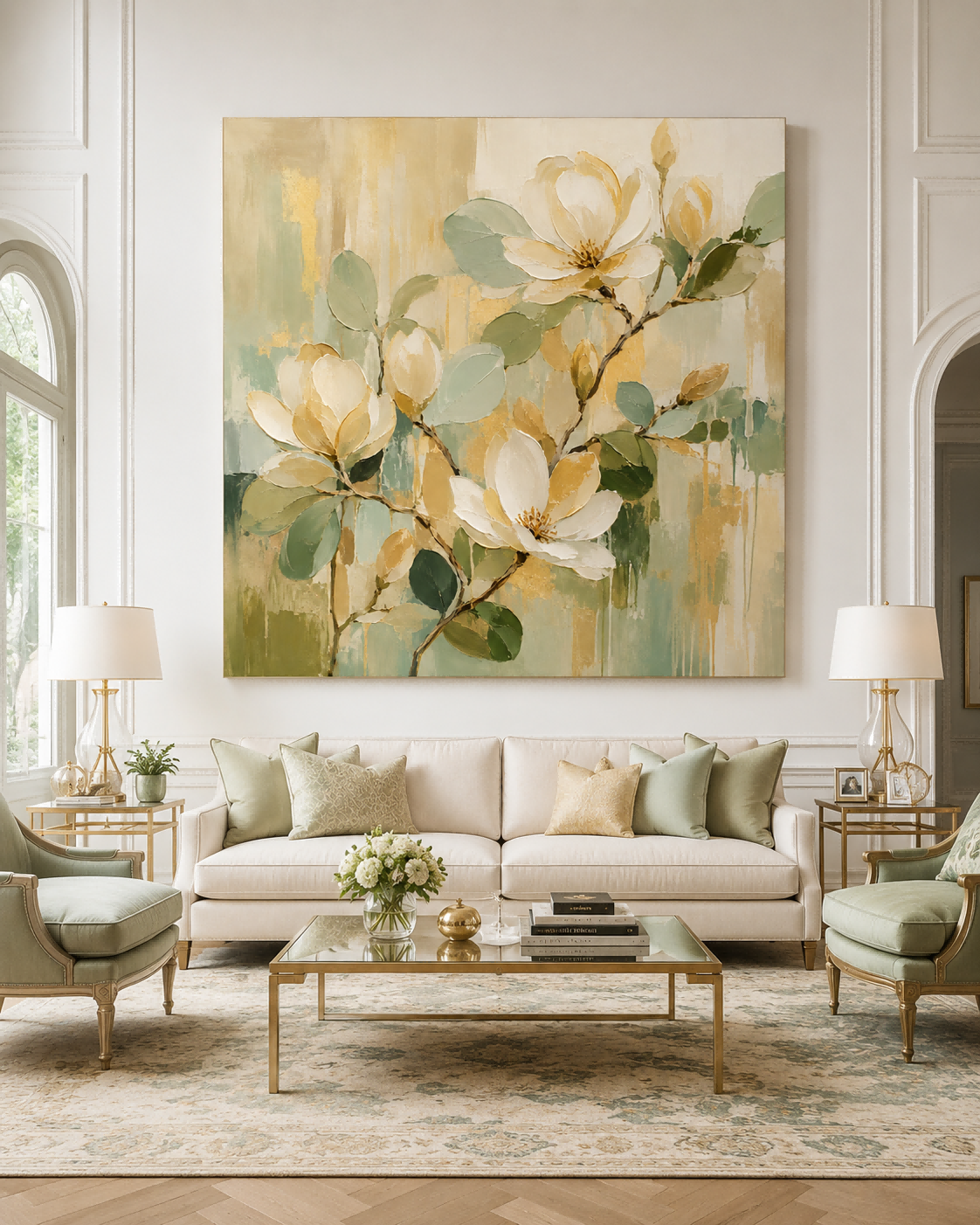 Hand-Painted Magnolia Floral Abstract Canvas Art With Gold Accents For Modern Home