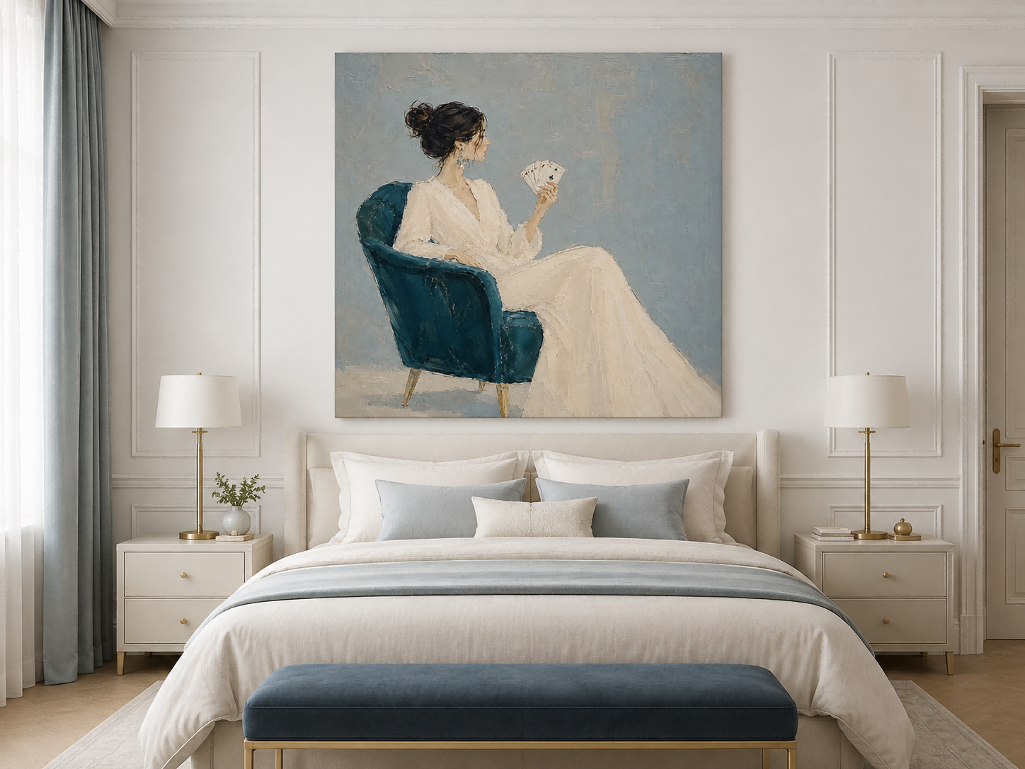 Minimalist Oil Painting Of Woman In White Dress With Playing Cards For Modern Living Room Decor