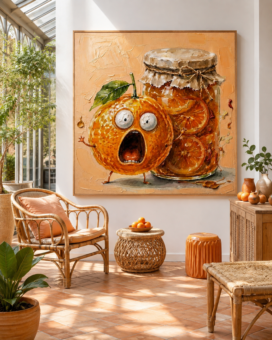 Funny Abstract Painting Of Anthropomorphic Fruit For Playful Home Decor